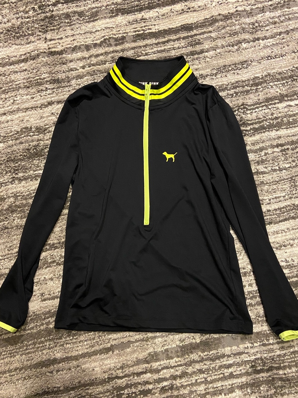 black Victoria's Secret PINK running shirt neon yellow 1/4 zip closure size L